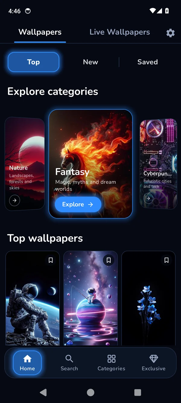 The XiVolte app: wallpaper categories and the top wallpapers.