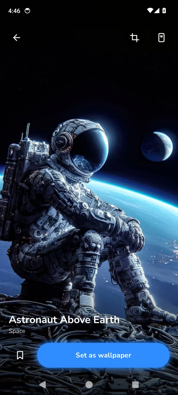 Astronaut Above Earth, shown full screen with a Set as wallpaper button.